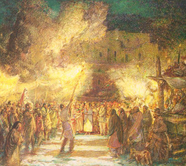 Berninghaus, Oscar Edmund Firelight Procession at the Pueblo on Christmas Eve oil painting picture